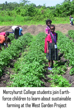Mercyhurst College students join Earthforce children learning sustainable farming at the West Garden